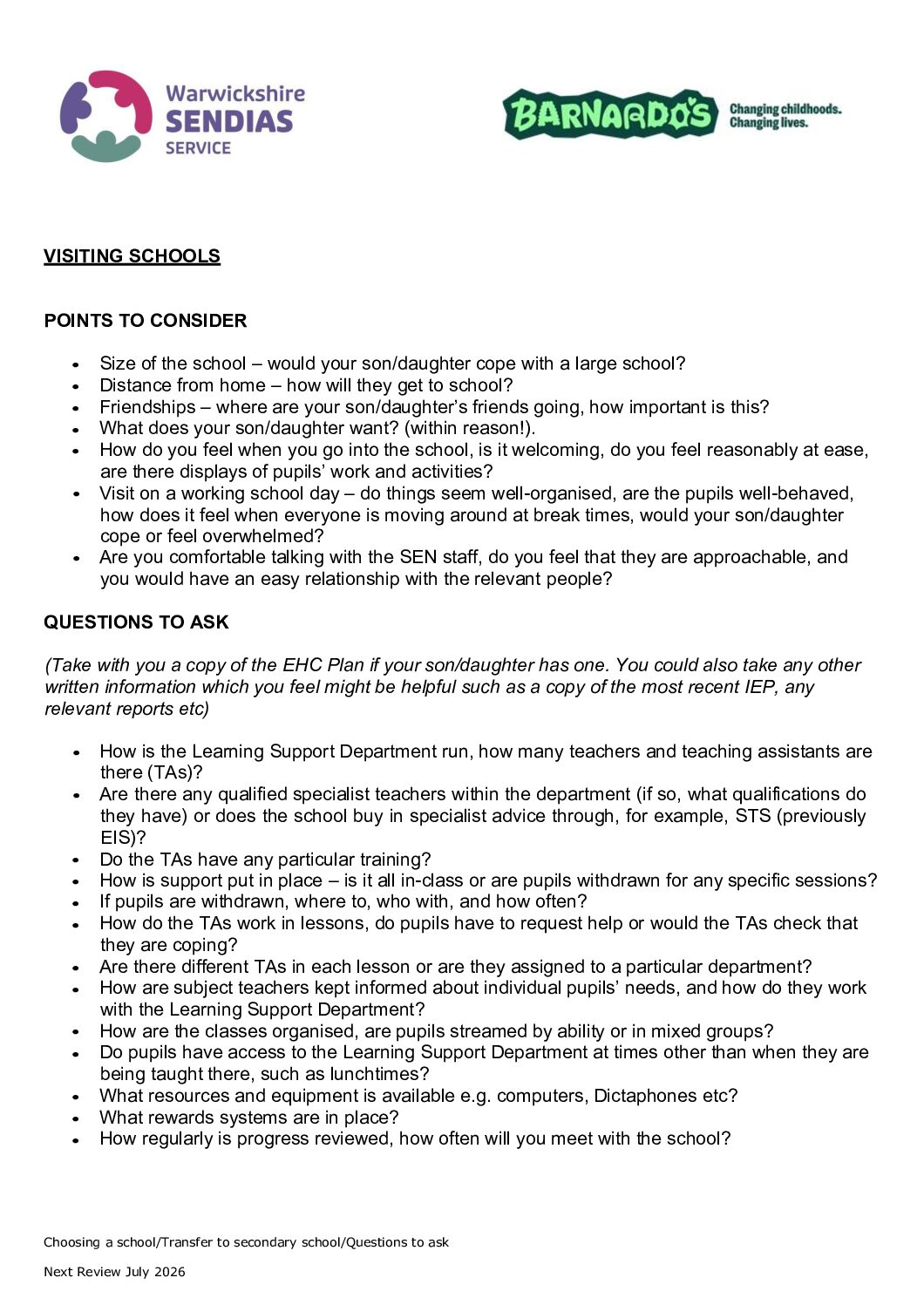 CHECKLIST - When visiting a School