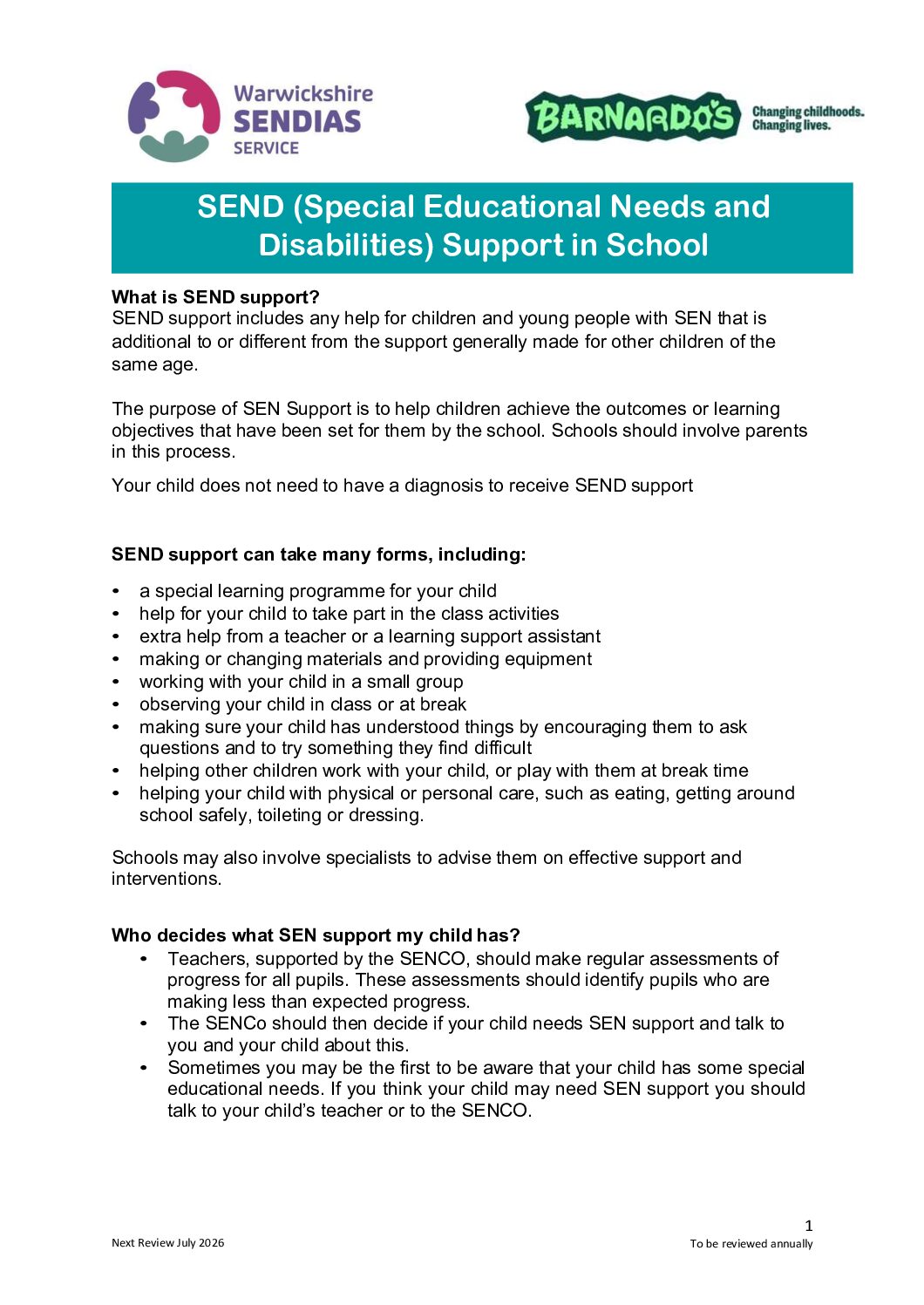 SEND Support in School - Warwickshire SENDIASS